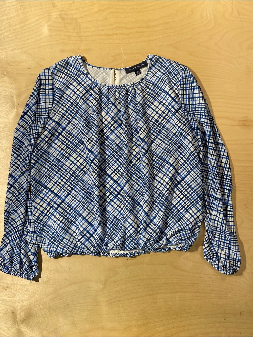 Tommy Hilfiger Blue and White Plaid Long-Sleeve Blouse Medium (RT)